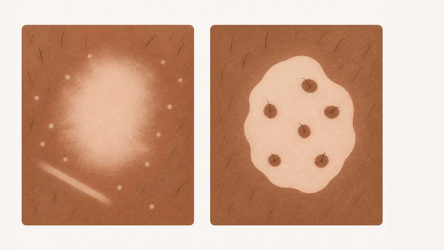 Two areas of brown skin seen from above. The left patch has a soft ill-defined border fading gradually into the surrounding skin, with scattered small pale spots and a pale line along an old scratch. The right patch has a sharp border and small islands of returning colour around individual hairs.
