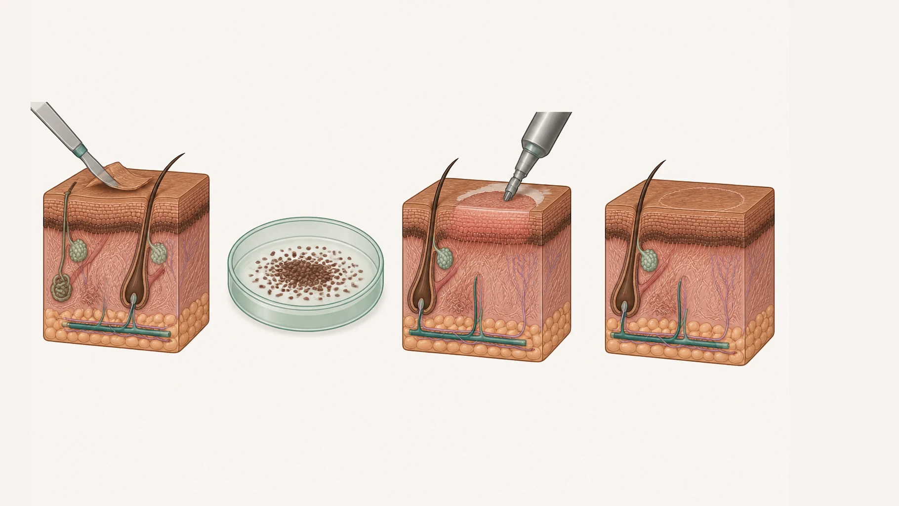 Four stages of a melanocyte transplant shown left to right: a thin sheet of pigmented skin lifted from a donor site, the pigment cells separated into a suspension in a dish, the depigmented patch prepared, and colour returning across it.