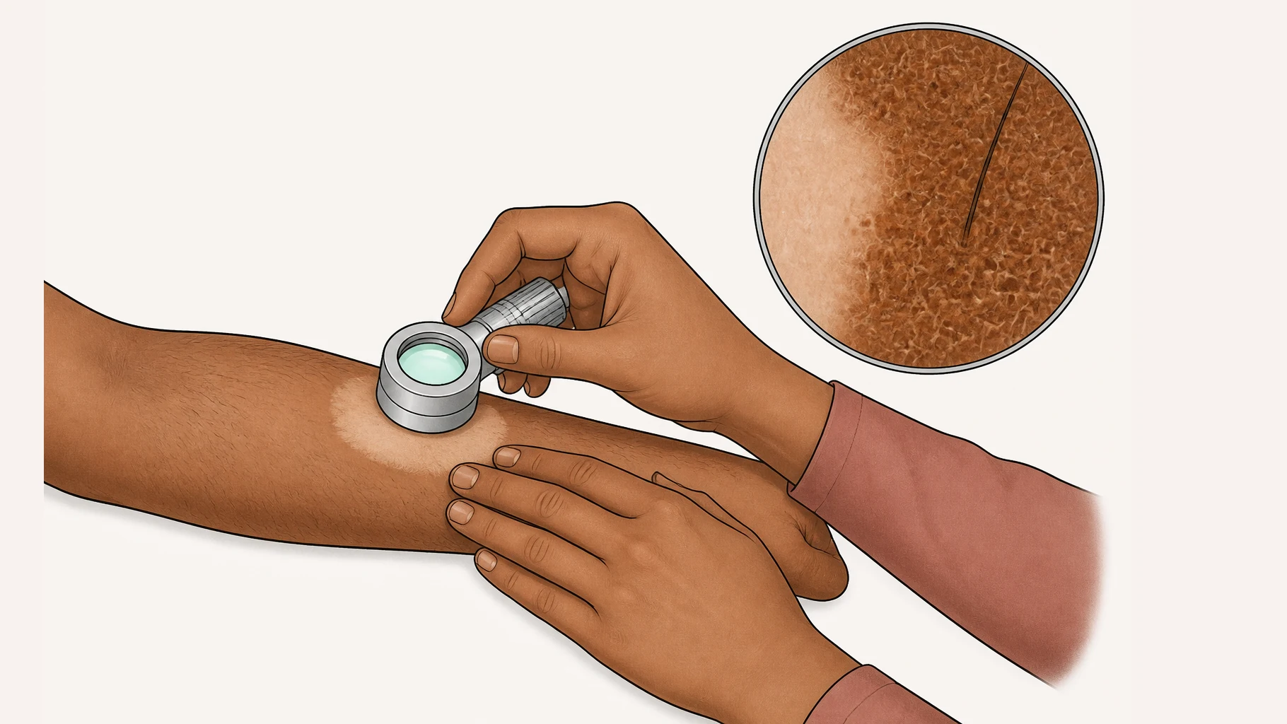 A dermatologist's hands examining a patient's forearm. One hand steadies the skin while the other rests a handheld dermatoscope on a pale patch. A magnified circle above shows the view through the lens: brown skin with a fine honeycomb network of pigment on one side, and plain pale skin where that network has gone on the other.